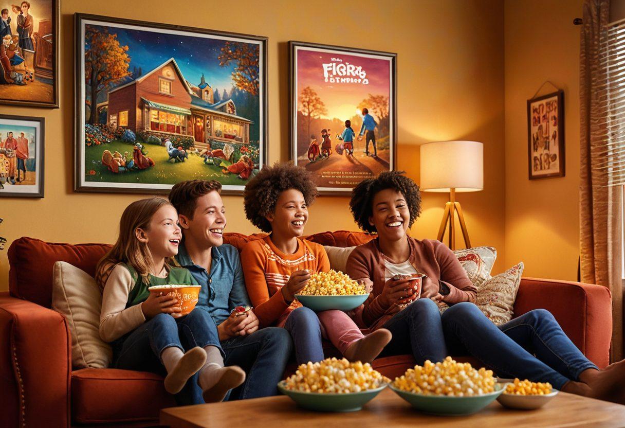 A cozy family living room with a large screen displaying a vibrant animated movie scene. Kids and parents are joyfully watching together with popcorn in hand, surrounded by colorful movie posters and festive decorations. Sunlight filters through the windows, adding warmth to the scene. The ambiance suggests fun, laughter, and togetherness. super-realistic. vibrant colors. warm lighting.