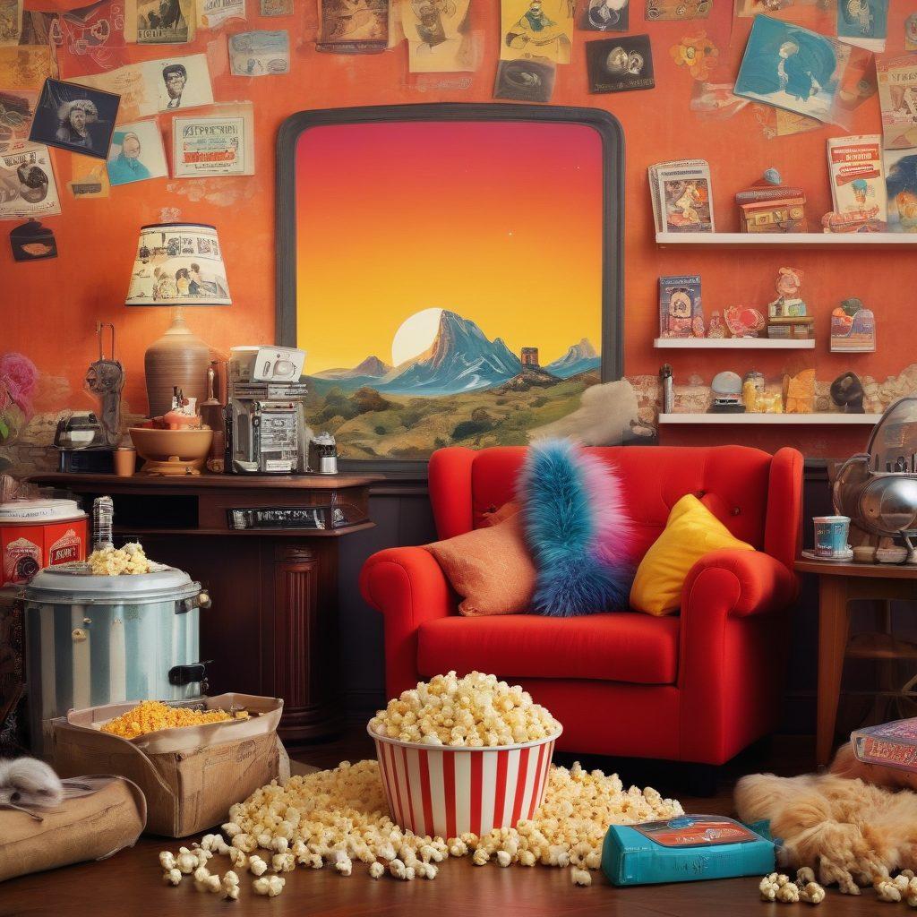 A whimsical collage capturing the essence of adorable films, featuring iconic movie characters, vintage cinema elements like popcorn and film reels, and a cozy screening room adorned with plush seating. The background is bursting with vibrant, cheerful colors, inviting the viewer into a magical cinematic world. Elements of nostalgia blend with modern charm to convey the warmth and enjoyment of film experiences. digital painting. vibrant colors. cozy atmosphere.